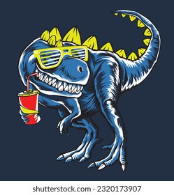 Vector image of a cool cartoon dinosaur with glasses and soda in his paw