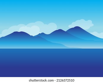 Vector image of cool mountain scenery background image and exotic blue color with soothing blue sea

