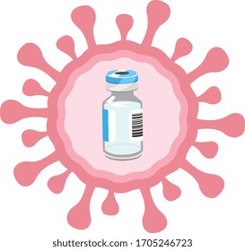 Vector image of a coronavirus and a vaccine bottle