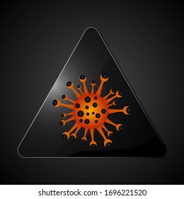 Vector image of a coronovirus inscribed in a black triangle. Covid-2019 on a black background.