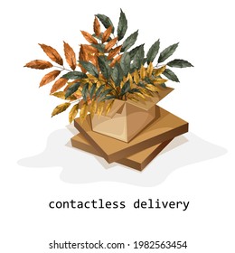 Imagen vectorial de una caja de cartón ondulado con tiras de una planta con una inscripción aislada en un fondo blanco. Concepto. EPS 10