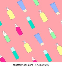 Vector image of cosmetics products diagonally on a salmon background. Suitable for advertising banner or as a pattern.