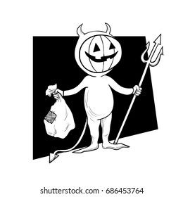 Vector image. Costume for Halloween, an element for design. A small little boy in a devil costume. A child in a pumpkin mask with, a bag in his hands. Black and white ink drawing