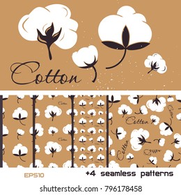Vector image of cotton flowers. + 4 seamless patterns