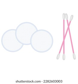 Vector image of cotton swabs, cotton pads. Hygiene items and baths. The concept of cleanliness and self-care. Beautiful elements for your design.
