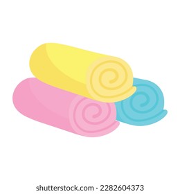 Vector image of cotton towels for shower or kitchen. Hygiene items and baths. The concept of cleanliness and self-care. Beautiful elements for your design.