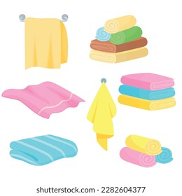 Vector image of cotton towels for shower or kitchen. Hygiene items and baths. The concept of cleanliness and self-care. Beautiful elements for your design.