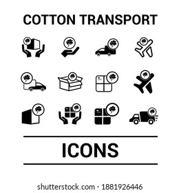 Vector image. Cotton transport icons. Cotton by truck, by plane and in packages.
