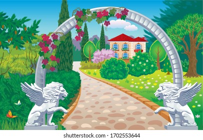 Imagen vectorial de un paisaje rural con un jardín, un camino y un bello arco decorado con esculturas de leones