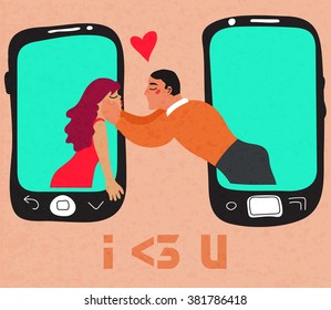 Vector image of a coupe kissing from their smartphones