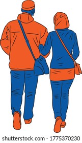 Vector image of couple casual citizens walking on a stroll