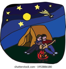 vector image of a couple in love picnic in nature night, stars and moon