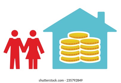 Vector image of a couple next to a house containing money