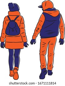 Vector image of couple young citizens going down street