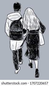 Vector image of couple young citizens walking down street
