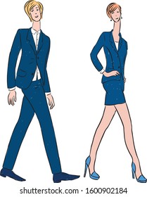 Vector image of couple young people walking in classical business costumes