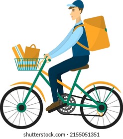 Vector image of the courier on the bike. Young driver with an order on the bicycle. Illustration of the delivery. Online shopping and ordering. Concept of the food delivering