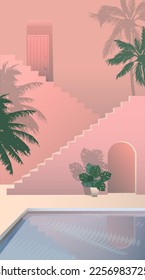 Vector image, courtyard in a tropical city with palm trees and a swimming pool