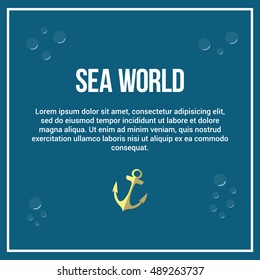 Vector image of cover on a blue background. White frame, the bubbles, anchor with mirror reflection and a text Caption. Ideal for web design and printing.