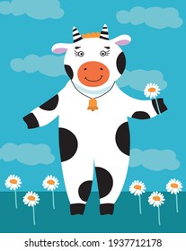 Vector image of an cow with chamomile