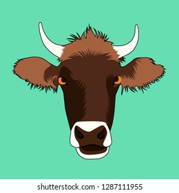 vector image with cow face on a turquoise background. 