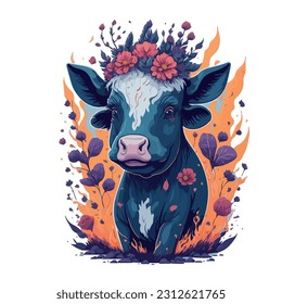 vector image of cow with flowers around
