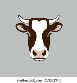 Vector image of a cow head design on grey background, Vector cow logo. Farm Animals.
