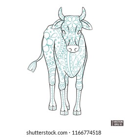 Vector image. The cow icon is a symbol of India. Doodle cow in floral patterns.