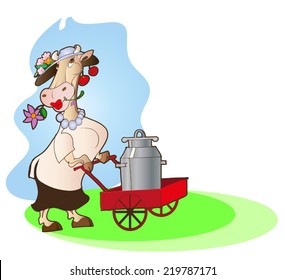 vector image of cow pushing a red cart with a barrel of milk