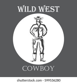 Vector image of a cowboy in gray color, in a circle