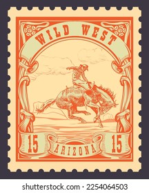  vector image of a cowboy on a horse in the form of a postage stamp printing on paper and t-shirt	