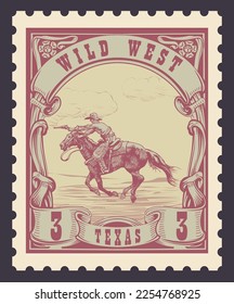 vector image of a cowboy on a horse in the form of a postage stamp printing on paper and t-shirt	