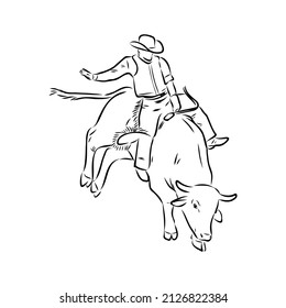 imagen vectorial de un vaquero en un mustang de caballo salvaje decorándolo en un rodeo al estilo de bocetos de arte