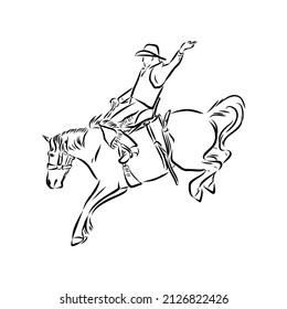 vector image of a cowboy on a wild horse mustang decorating it at a rodeo in the style of art sketches
