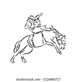 vector image of a cowboy on a wild horse mustang decorating it at a rodeo in the style of art sketches