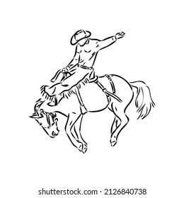 vector image of a cowboy on a wild horse mustang decorating it at a rodeo in the style of art sketches