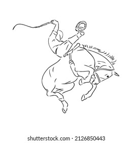 vector image of a cowboy on a wild horse mustang decorating it at a rodeo in the style of art sketches
