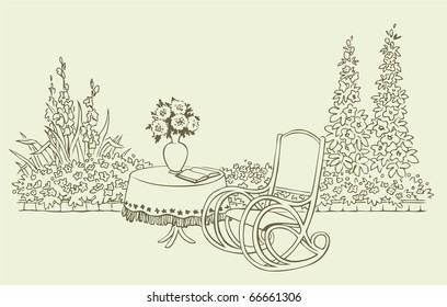 Vector image. A cozy rocking chair near a table with flowers in a flowering garden