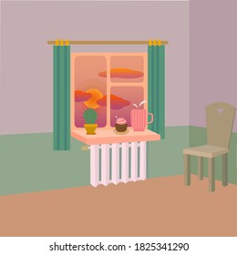 Vector image of a cozy room with a dawn in a window, mug and cake on a windowsill. Image  reminding about long, lazy mornings at home enjoying your coffee