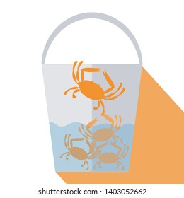 Vector image of a crab trying to climb out of a bucket while other crabs are trying to stop him. Crabs in a bucket. Crab mentality concept. Behavior concept. svg