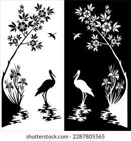 Vector image of a crane standing on the water among beautiful flowers
