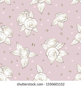 Vector image of cream roses on a pale pink background surrounded by gold and pink sweets of candy. Seamless pattern for wallpaper, textile and design.