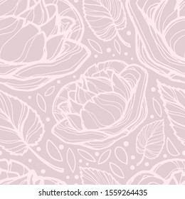 Vector image of cream roses, their leaves and dots on a pink background. Seamless background for design.