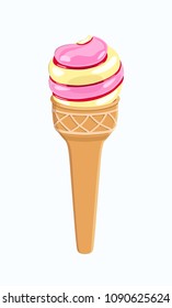 Vector image of creamy-berry ice cream in waffle horn. Creamy cold dessert.