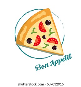 Vector image of creative pizzas margaritas. text "bon appetit". A slice of pizza for the design of advertising for your restaurant business.