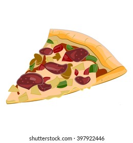 Vector image of creative pizzas meats. Cartoon Icon Italian pizza. A slice of pizza for the design.