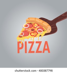 Vector image of creative pizzas. A slice of pizza for the design of advertising for your restaurant business. Cartoon illustration pepperoni.