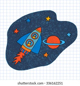Vector image of creativity learning. Rocket ship with children