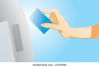 vector image of credit card in the arm and cash dispenser