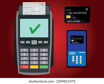 Vektorbild von Kreditkartenautomat, Kreditkarte und Smartphone. Modernes Design mit hoher Vektorqualität. Ideal für die Illustration von elektronischen Zahlungen, mobilen Transaktionen und Online-Shopping. Perfekt 